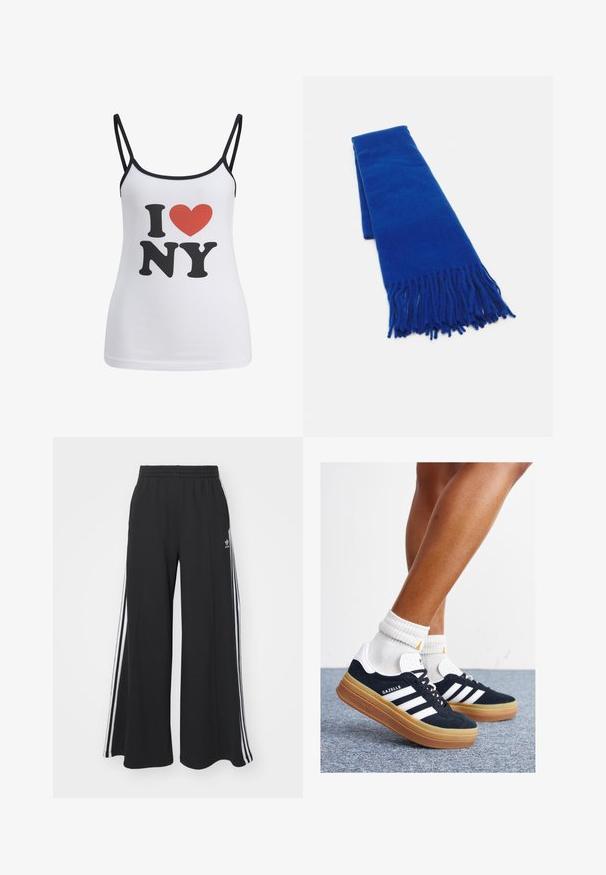Camisola branca sem mangas com finas alças pretas, apresentando um grande "I" e o texto "NY" em preto, e um gráfico de um coração vermelho entre eles.; Calças de suor largas e pretas com uma cintura elástica, apresentando riscas brancas nas laterais e um logótipo bordado na coxa esquerda.; Ténis de camurça preta com riscas e detalhes brancos, biqueira arredondada, sola em borracha cor de goma, combinados com meias brancas caneladas até à altura do tornozelo.; Cachecol azul tecido com extremidades franjas, textura suave, forma retangular e cor uniforme em todo o comprimento. Adequado para clima frio.