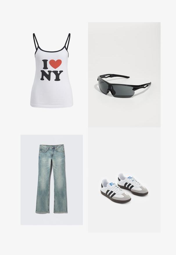 Hvit tanktopp med tynne svarte stropper som har en stor svart "I" og "NY" tekst, og et rødt hjertegrafikk mellom dem.; Lys blå denimjeans med lett falming, fem lommer, glidelås, og rette ben på hvit bakgrunn.; Sportssko med en hvit skinnoverdel, grå semsket tå og tre svarte striper. Har en blå logo på tungen og en teksturert gummisåle.; Sorte sports solbriller med buede linser, lett plastramme og teksturerte stenger. Strømlinjeformet design med integrert nesepuss.; Svart vevd skinnveske med en slapp design, som har et knyttet stropp og en liten dekorativ gullnagle på toppen.