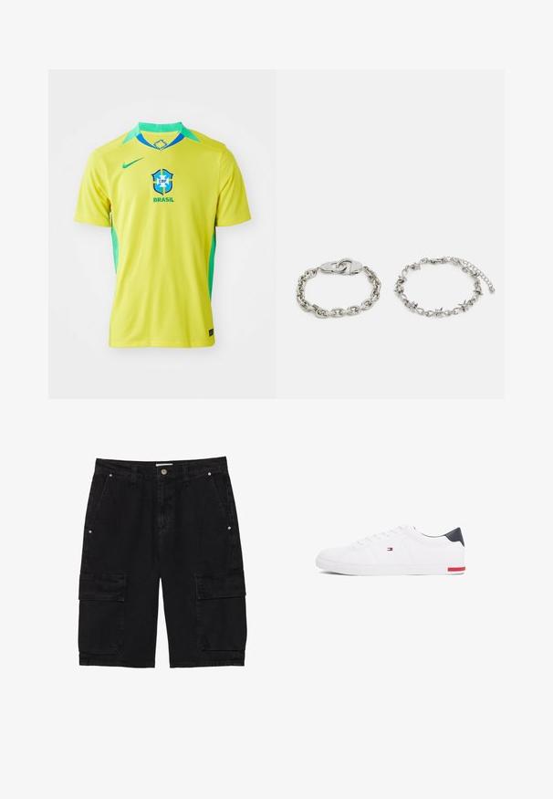 Camiseta de fútbol amarilla con acentos verdes, de manga corta, un cuello redondo y el logo de la selección nacional de Brasil en la parte frontal. Marca Nike visible.; Pantalones cortos cargo negros hechos de denim, con dos bolsillos laterales y dos bolsillos cargo con solapa en las piernas, con cierre de botón y trabillas para cinturón.; Zapatillas bajas blancas de piel suave. Presentan una capucha en el talón de color marino y un acento rojo en la suela. Seis ojales para los cordones.; Pulsera de cadena plateada con cierre de grillete a la izquierda; a la derecha presenta una cadena decorativa con acentos. Ambas tienen un acabado pulido.