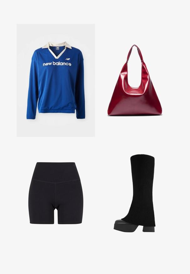 Kék, hosszú ujjú sportfelső, fehér gallérral, hálós textúrával és fehér "new balance" logóval a mellkasán.; Fekete, magas derekú, rugalmas anyagból készült rövidnadrág. Jellemzője egy rugalmas derékpánt, sima felület és középmagas hossz, varrás nélküli kivitelben.; Fekete, térdig érő csizma bordázott szövet felsőrésszel, masszív platform talppal és blokk sarkával, sima textúrával és letisztult, modern dizájnnal.; Piros fényes bőrtáska háromszögletű formával, széles felső nyílással és egyetlen ívelt fogantyúval. Sima felület, minimális varrási részletekkel.