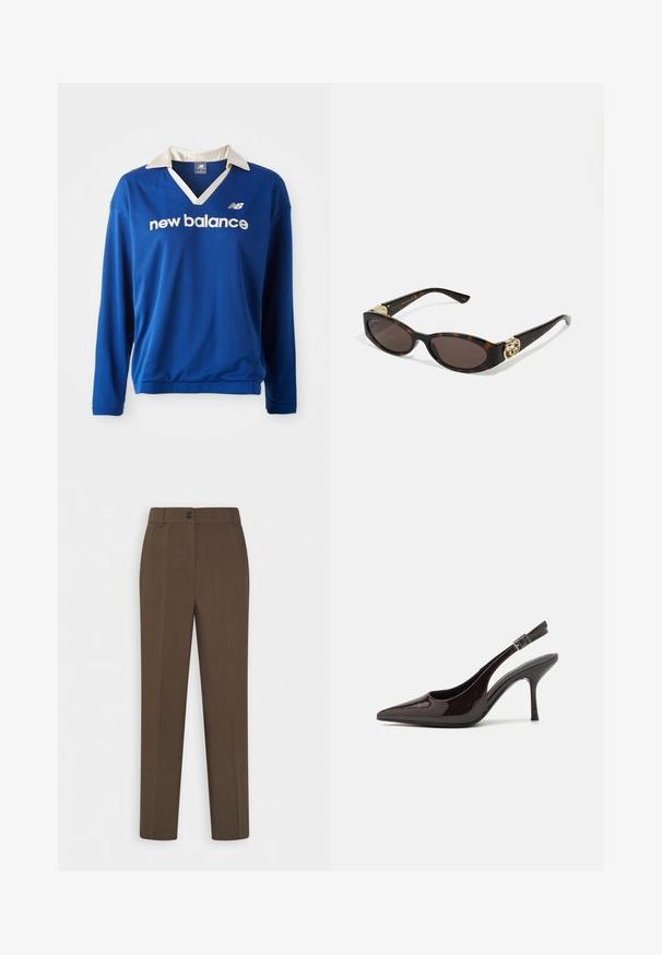 Blå langermet treningsgenser med hvit krage, mesh tekstur, og "new balance" logo i hvitt over brystet.; Rette brune bukser med beltehemper og en enkelt frontknapp, vist på en hvit bakgrunn.; Slingback høyhælte sko i blankt mørkebrunt patentlær, spiss tå, åpne sider og justerbar ankelrem.; Skilpadde-solbriller med avlange ovale linser, brun tint, gull-logo aksenter på stengene og elegante svarte armer.; Bordeaux håndveske med en buet silhuett og en kort stropp, med en gullglidelås og en subtil Calvin Klein-logo på forsiden.