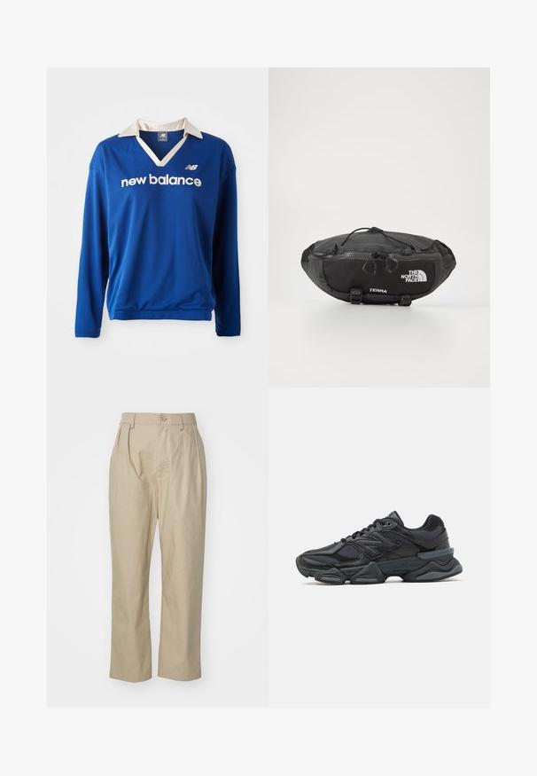 Sinine pikkade varrukatega sporditopp, millel on valge krae, võrkmaterjal ja rinnale valge "new balance" logo.; Bežid püksid, mis on valmistatud puuvillast, omades lõdva istuvust, ees plekke, ühe nööbi sulgemist ja sirgeid jalgu koos õmblustega servades.; Mustad mustus jooksukeng, mis sisaldab segu võrgust ja sünteetilisest materjalist, jäme talla, kaarduv disain ja silmapaistev bränding külgedel.; The North Face TERRA LUMBAR 3L UNISEX - Puusakott - asphalt grey/black