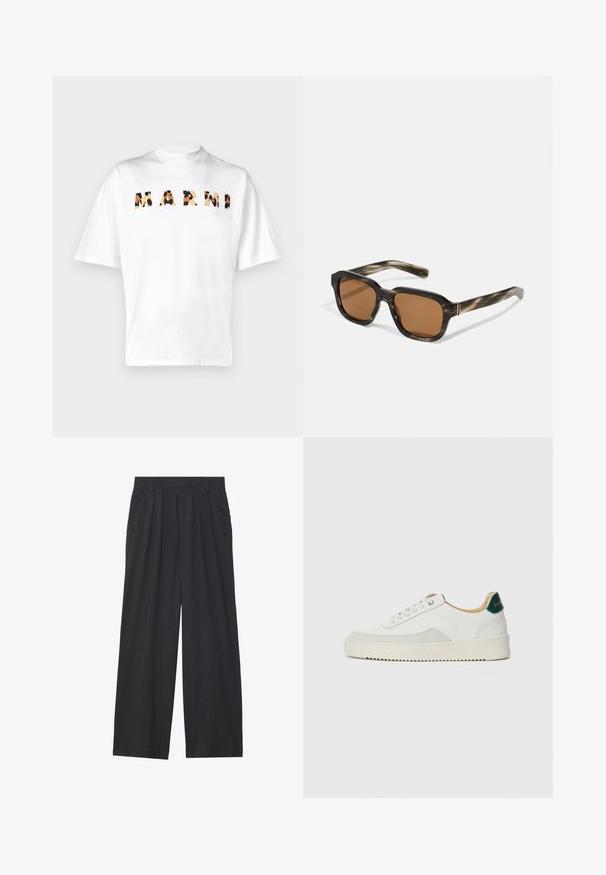 Marni Apdrukāts T-krekls - white; Platas piegriezuma bikses no tumši pelēka auduma. Iezīmes - izgriezumi jostasvietā, veidota forma un taisna silueta.; Baltas sneakers ar zamša akcentiem, noapaļota purngala, plakaniem auklām un krēmkrāsas gumijas zoli. Ar zaļu zīmolu uz papēža.; Plastmasas saulesbrilles ar bruņurupuču rakstu, oktagona formas brūnas lēcas un plānas zelta detaļas rāmī.