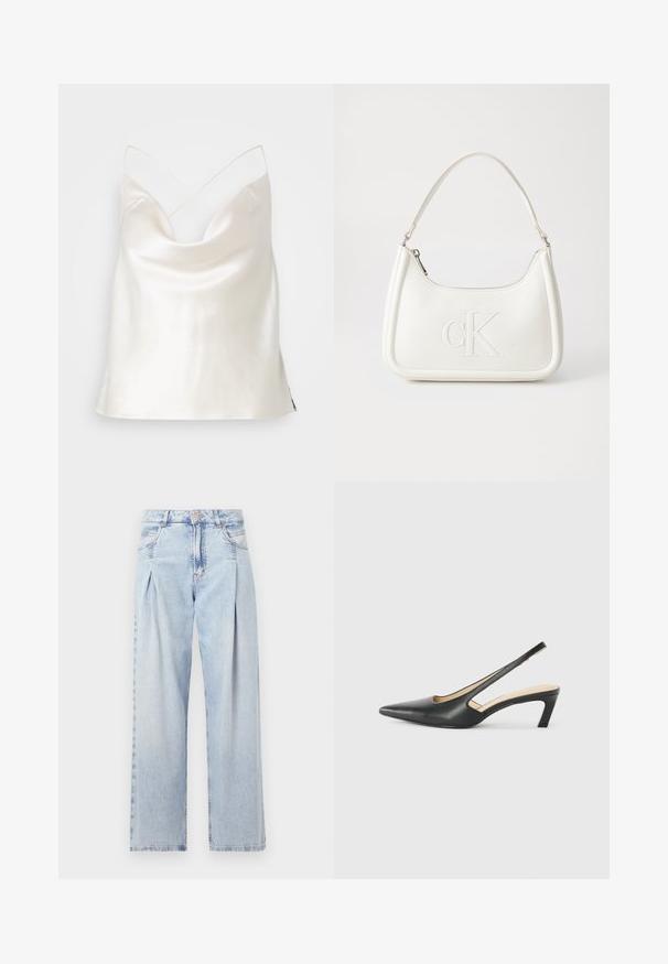 Weiße Satin-Top mit drapiertem Ausschnitt und sich kreuzenden Trägern. Glatte Textur mit lockerem Schnitt und geradem Saum.; Helle blaue Denim-Jeans mit hoher Taille, weitem Beinschnitt, zwei seitlichen Taschen und gefaltetem Design. Weiche Textur mit einem ausgebleichten Finish.; Schwarzer spitz zulaufender Slingback-Schuh mit niedrigem Absatz, der aus glattem Leder gefertigt ist und seitliche Ausschnitte für Atmungsaktivität aufweist.; Weiße Lederhandtasche mit abgerundeter Form, ausgestattet mit einem geprägten "CK"-Logo auf der Vorderseite und einem Einzel-Schultergurt. Reißverschluss oben.