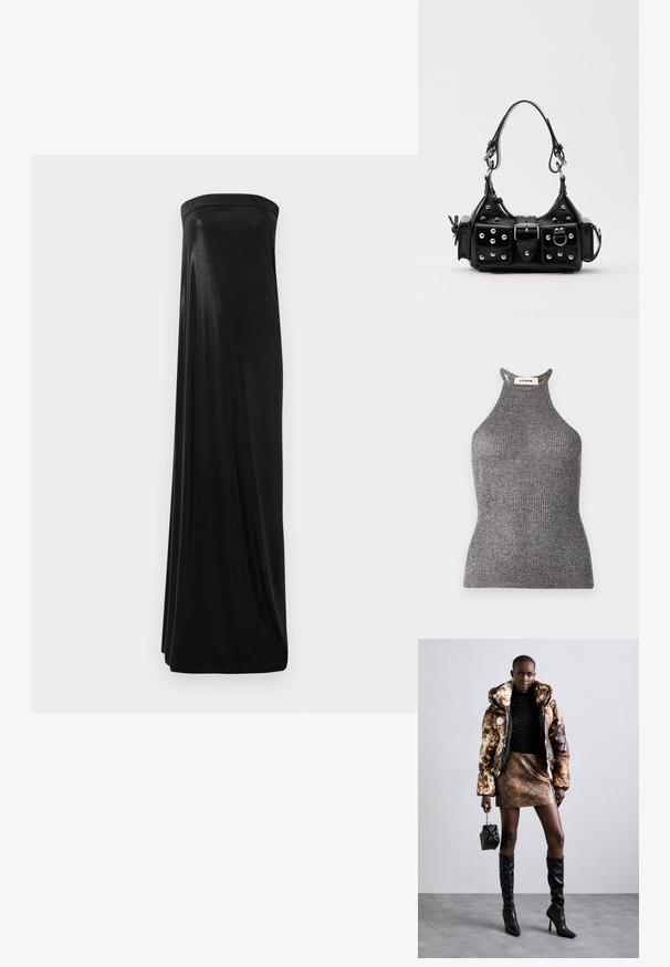 Pilkas halterio tipo topas, pagamintas iš kanalėlių tekstilės, turintis prigludusią siluetą ir aukštą apykaklę su atviromis šoninėmis dalimis. Prekės ženklo etiketė matoma prie kaklo.; Juoda maxi suknelė be petnešėlių, pagaminta iš glotnaus, blizgaus audinio. Suknelė turi prigludusią viršūnę ir laisvą siluetą, siekiantį grindis, be jokių puošmenų.; Pūkuotas džemperis su rudos ir juodos spalvų raštu, derinamas su rudą gyvatės rašto mini sijonu, juodais ilgaauliais batais iki kelių ir mažyte juoda rankine.; Juodas odinis rankinukas su kreiviu dizainu, su sidabro spalvos knopkėmis, užsegimu ir dviem šoninėmis kišenėmis. Reguliuojama dirželis nešimui.