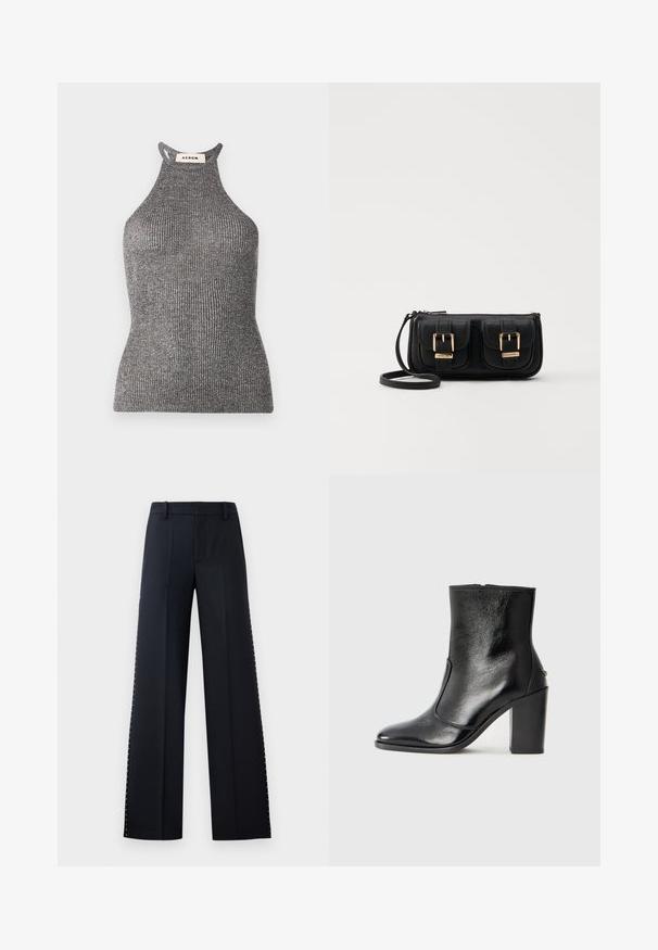 Grå halterneck-top i ribbat material, med en figursydd silhuett och hög halsringning med öppna sidor. Varumärkesetikett synlig vid nacken.; Breda byxor i svart. Skräddarsydd passform med en jämn yta. Har en rad av metallnitar längs sidsömmarna för detaljer.; Svart läderankelboot med en slät yta, spetsig tå och en kraftig hög klack. Har en sidöppning och ett minimalistiskt design.; Svart läderaxelväska med två framfickor, guldspännen, dragkedjestängning och en smal rem. Texturerad yta och kompakt rektangulär form.