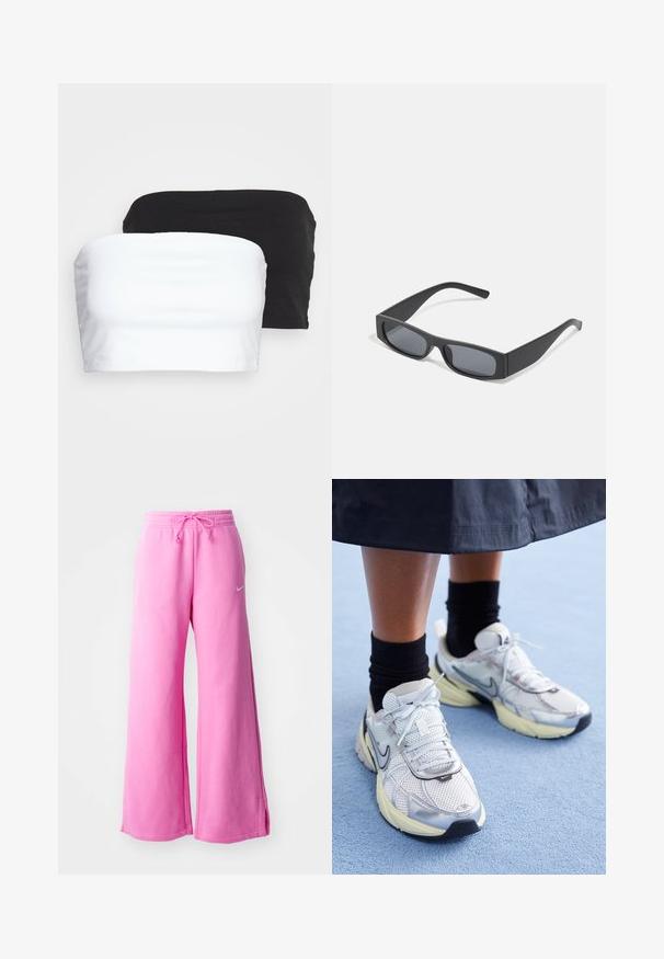 Dve bezramenné crop topy v čiernej a bielej farbe, vyrobené z elastickej bavlnenej látky. Hladká textúra s jednoduchým dizajnom a bez viditeľných švov.; Ružové nohavice s širokými nohavicami vyrobené z mäkkého bavlneného materiálu, s elastickým pásom na šnúrku a malým bielym logom na prednej strane.; Biele a strieborné Nike tenisky s mrežovou textíliou, reflexnými akcentmi a béžovou podrážkou. Nosené s čiernymi ponožkami, stojace na modrom povrchu.; Čierne obdĺžnikové slnečné okuliare s tmavými sklami a hrubými matnými rámami. Ramena sú mierne zúžené s hladkým povrchom.