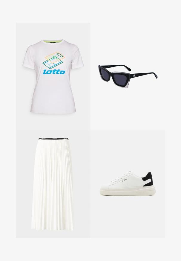 Balta īsās piedurknes T-krekla izgatavota no kokvilnas, ar košīgu ģeometrisku grafiku un zilu "lotto" logotipu priekšpusē.; Gari plānas baltas svārku ar melnu elastīgu jostu, uz kuras redzams "LACOSTE" logo. Vidēja garuma dizains ar mīkstu tekstūru.; Baltas ādas sporta apavi ar biezu balto zoli, melna zamša uzpura un izspiestais logotips sānos. Šņorējuma dizains ar sešiem acu caurumiem.; Melni pārmēru saulesbrilles ar ģeometrisku formu, kas aprīkotas ar tumšiem stikliem un kontrastējošu pelēku akcentu uz rāmja. Logo uz kājas.