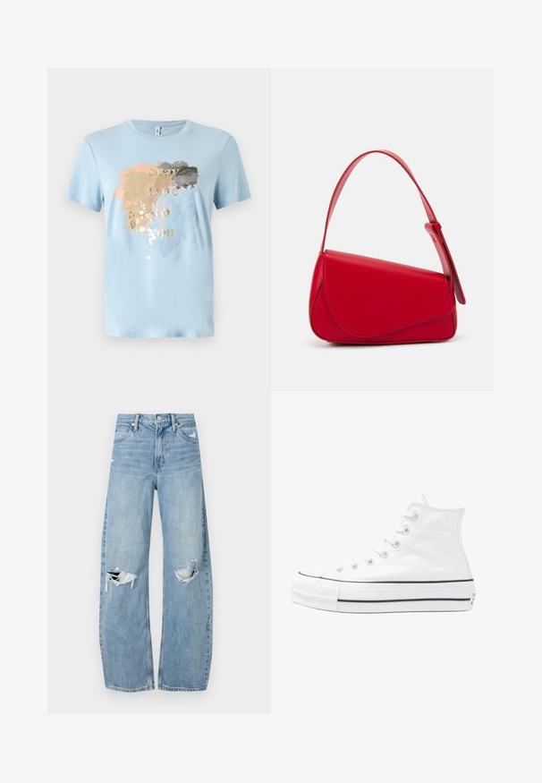 Light blue short-sleeve t-shirt made of soft fabric. Features a splatter design in gold, gray, peach, and blue with the text "Stay true to you."; Light blue, high-waisted jeans made of denim. Feature wide legs, two torn knee areas, and classic five-pocket styling.; White high-top canvas sneaker with black rubber sole, front rubber toe cap, and six eyelets for laces, featuring a clean, minimalist design.; Red leather handbag with an angular, geometric design. Features a single adjustable strap and a flap closure with stitched detailing.