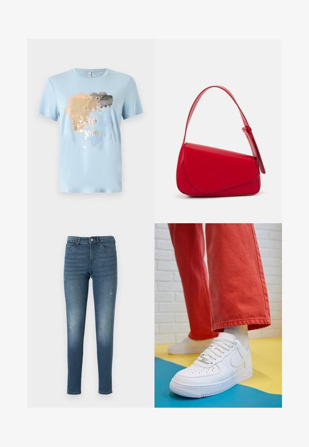 Light blue short-sleeve t-shirt made of soft fabric. Features a splatter design in gold, gray, peach, and blue with the text "Stay true to you."; Blue denim jeans with a slim fit, featuring faded areas, five pockets, and a button closure. The fabric has a smooth, slightly distressed texture.; White leather sneaker with perforated toe box, textured sole, and white laces, paired with wide red pants and a blue and yellow background.; Red leather handbag with an angular, geometric design. Features a single adjustable strap and a flap closure with stitched detailing.