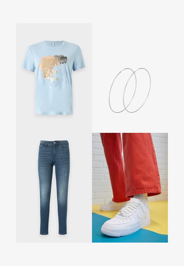 Light blue short-sleeve t-shirt made of soft fabric. Features a splatter design in gold, gray, peach, and blue with the text "Stay true to you."; Blue denim jeans with a slim fit, featuring faded areas, five pockets, and a button closure. The fabric has a smooth, slightly distressed texture.; White leather sneaker with perforated toe box, textured sole, and white laces, paired with wide red pants and a blue and yellow background.; Silver hoop earrings with a minimalist design. Circular shape, smooth texture, and thin profile. Lightweight with a polished finish.
