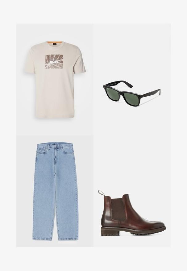 Beige bomull T-skjorte med korte ermer. Sentergrafikken har et bladdesign med teksten "GJENNOM JUNGELEN SJEF" i hvitt.; Lyseblå denimjeans med rett ben-design, med mid-rise liv, fem lommer og knap og lynlås lukning.; Brune lær Chelsea-støvler med elastiske sidepaneler, skaft, og teksturert gummisåle. Glatt overflate med solid lav hæl.; Sorte plast-solbriller med grønne linser, firkantede rammer, sølvdetalje på brynene, og teksturerte stangarmen. Angitt merke på indre arm.