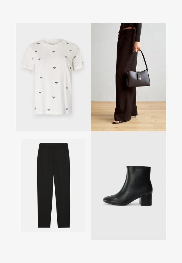 ICHI CAMINO - T-shirt print - cloud dancer; Zwarte broek met een tailormade ontwerp, voorzien van zijzakken en een rechte pijp. Gemaakt van een soepele, lichte stof met een strakke afwerking.; Zwarte leren enkellaarzen met een spitse neus en een chunky hak. Gladde textuur met minimale accenten en een slank, strakk ontwerp.; Zwarte handtas met gestructureerde vorm, gladde textuur en een metalen sluiting. Gecombineerd met brede zwarte broeken en sandalen met open teen op een houten vloer.