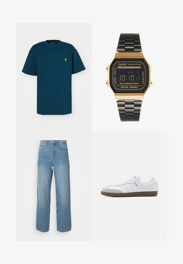 Carhartt WIP CHASE - T-shirt basic - duck blue/gold; Hoge taille lichtblauwe denim jeans met rechte pijpen, sluiting met een knoop aan de voorkant en vijf zakken, op een effen achtergrond.; Witte leren sneakers met een grijze suède neuskap, drie horizontale witte strepen, blauwe accenten en een bruine rubberen loopzool. Geweven detail op de zool.; Digitale polshorloge met een rechthoekige kast in goudkleur, zwart LCD-scherm en een zwarte metalen band. Kenmerken zijn onder andere een alarm en waterbestendigheid.