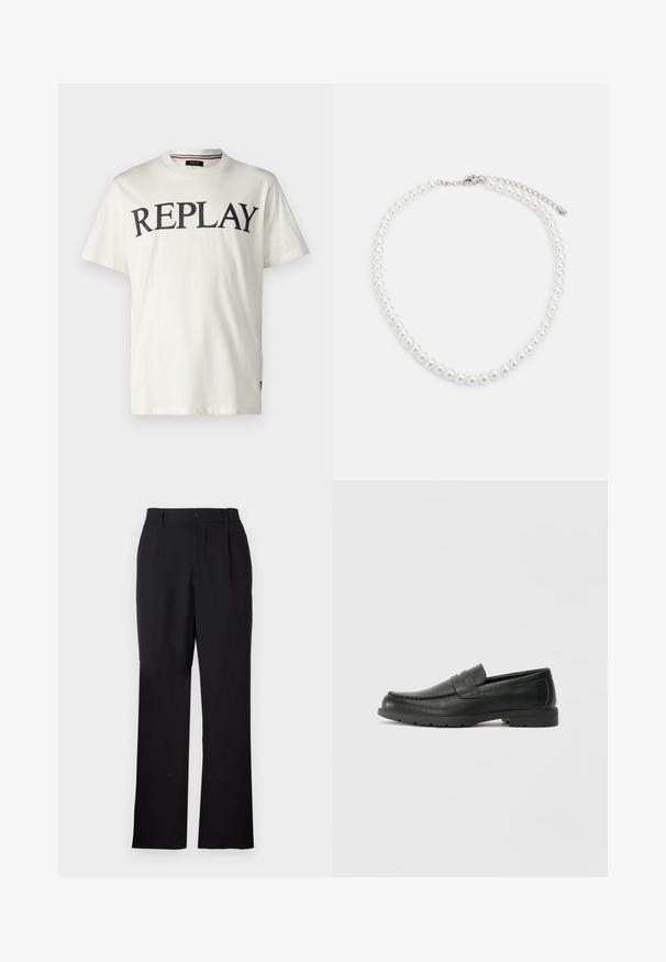 Replay Nyomott mintás póló - natural white; Only & Sons ONSJEREMY LOOSE PANT - Nadrágok - black; Fekete bőr mokaszinok sima felülettel, a mokaszin stílusú felsőrésszel, varrott részletezéssel és gumitalppal. Klasszikus dizájn alacsony sarokkal.; Fehér gyöngy nyaklánc, egységes kerek alakú, sima felületű, fémből készült kapoccsal, állítható hosszúságú meghosszabbító lánccal.