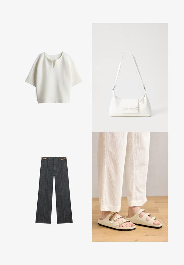Weißes, strukturiertes Oberteil mit einem lässigen Schnitt, Rundhalsausschnitt und kurzen Ärmeln, gestaltet mit dezenten horizontalen Rippen.; Helle Jeans mit weitem Bein und hoher Taille. Mit sichtbaren Nähten, einem Knopfverschluss und einem einzigartigen Kettenakzent an der Taille.; Hellbeige Sandalen mit drei verstellbaren Riemen und metallischen Schnallen, einem gepolsterten Fußbett und einer schwarzen Gummisohle.; Weiße synthetische Handtasche in dreieckiger Form, flache Vorderklappe und Schleifendetail, verstellbarer Trageriemen, glatte Textur und minimalistisches Design.