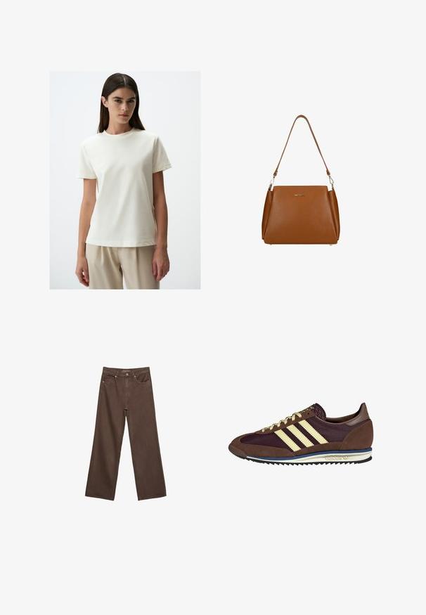 Jimmy Key CREW NECK SHORT SLEEVE - T-shirt basic - off-white; Brede bruine spijkerbroek van denim, met een hoge taille, voorzakken en een klassieke knoopsluiting. Soepele textuur met subtiele stiksels.; Bruine en bordeauxkleurige sneaker van suede en mesh materiaal, met drie crèmekleurige strepen, een gemêleerd stof op de tong en een rubberen zool.; Bruine leren handtas met een gestructureerd oppervlak, een enkele schouderriem en een subtiele logo aan de voorkant. Heeft een gestructureerd ontwerp.