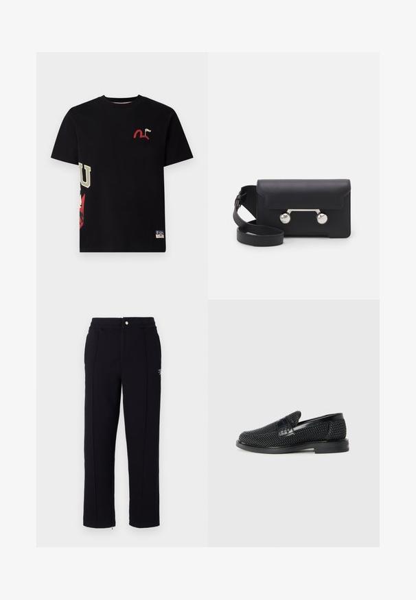 Czarny bawełniany t-shirt z krótkimi rękawami. Posiada czerwony haftowany wzór fali i flagi oraz nadrukowane akcenty po lewej stronie.; Czarne dresy o dopasowanym kroju, z bocznymi szwami, zamkiem błyskawicznym na końcu nogawki oraz metalowym zapięciem na guzika w pasie. Dyskretne elementy z marką.; Czarny, pleciony but wsuwany z gładkim skórzanym akcentem na cholewce, o okrągłym nosku i niskoprofilowej gumowej podeszwie.; Czarna skórzana torba na ramię z klapką, z metalowymi elementami w srebrnym kolorze i dwoma okrągłymi akcentami. Posiada odczepiany pasek. Gładka faktura.