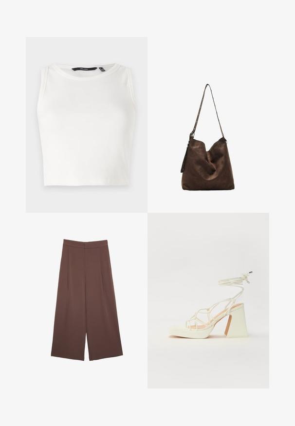 Bijela rebrasta majica bez rukava s okruglim izrezom. Tkanina izgleda mekano i rastezljivo, bez vidljivih ukrasa ili uzoraka.; Smeđe hlače širokog kroja s glatkom teksturom, koje imaju visok struk i nabore sprijeda. Tkanina je lagana i slobodno se kreće.; Bijela sandala na visokoj potpetici s debelim petom, s remenom i vezanjem oko gležnja. Glatka tekstura s platformom sprijeda za dodatnu visinu.; Smešasti smeđi hobo torba s zakrivljenim vrhom, dugim remenom s točkastim detaljima i mekanim materijalom. Ima opušteni dizajn za svakodnevnu upotrebu.