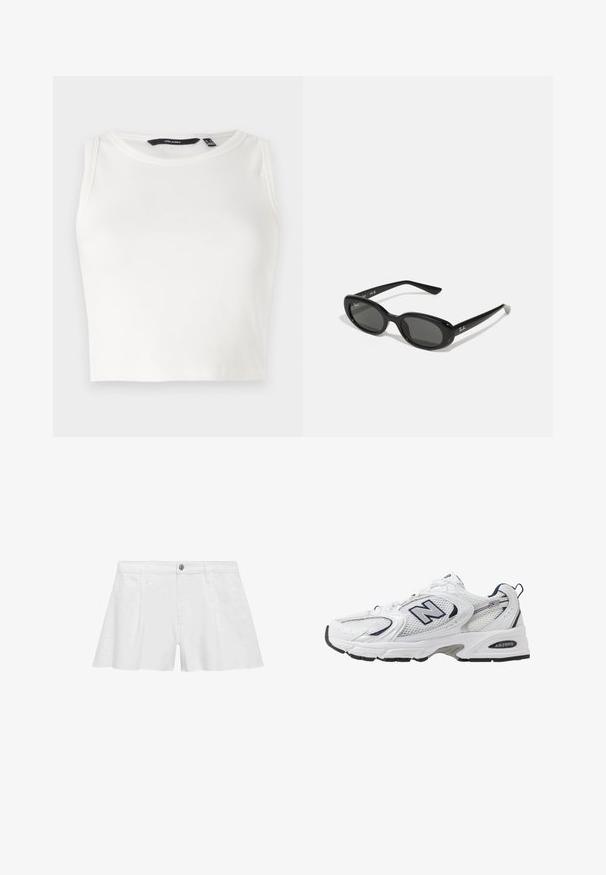 White ribbed sleeveless top with a round neckline. The fabric appears soft and stretchy, with no visible embellishments or patterns.; White cotton shorts with a relaxed fit, featuring front pockets, a button closure, and flat seams for a smooth finish.; White athletic shoe with mesh upper, navy accents, and cushioned sole. Features "N" logo, laces, and textured detail on side.; Black sunglasses with oval lenses, glossy plastic frame, and slender arms. Features Ray-Ban logo in white on the side.; Silver ring with a smooth, curved design featuring a star accent. Model wearing a green sweatshirt with yellow lettering, hands near the neck.