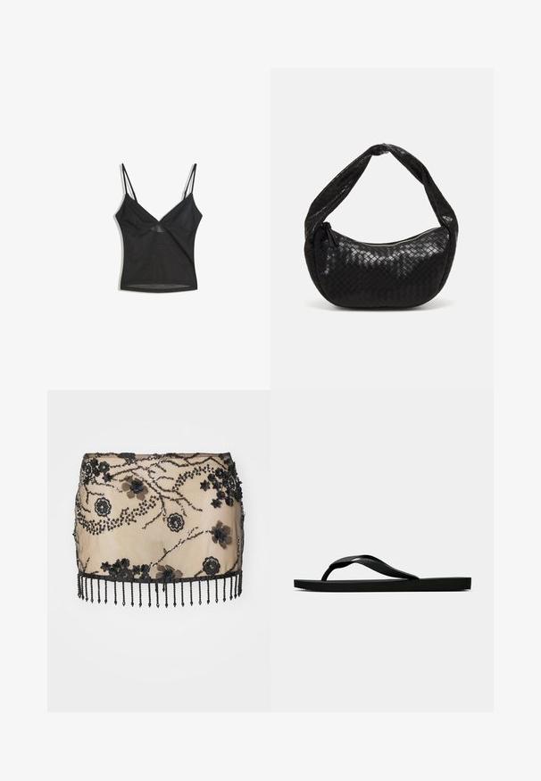 Camisola neagră cu bretele subțiri ajustabile, confecționată dintr-un material transparent. Prezintă un decolteu în V și detalii subtile cusute de-a lungul marginilor.; Fustă mini neagră cu aplicații florale, paiete și un tiv cu franjuri din mărgele. Fabricată din material transparent cu detalii complicate.; Sandala flip-flop din cauciuc negru, cu un bretele texturat și o talpă simplă și plată, prezentată din lateral pe un fundal simplu și deschis.; Geantă din piele împletită neagră, cu o formă curbată, având un mâner gros și închidere cu fermoar. Suprafață texturată cu un finisaj lucios.