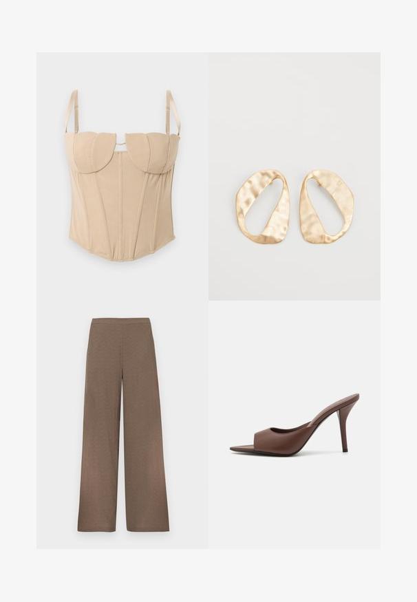 Beige corset top with structured cups, adjustable straps, and vertical seams. Smooth fabric texture with a fitted silhouette.; Wide-leg brown trousers with flat waistband, no visible pockets or fastenings, displayed on a white background.; Brown leather open-toe high-heeled mules with a sleek design, featuring a wide front strap and a slender stiletto heel.; Pair of irregular oval-shaped gold-toned metal earrings with a textured, slightly hammered surface on a white background.