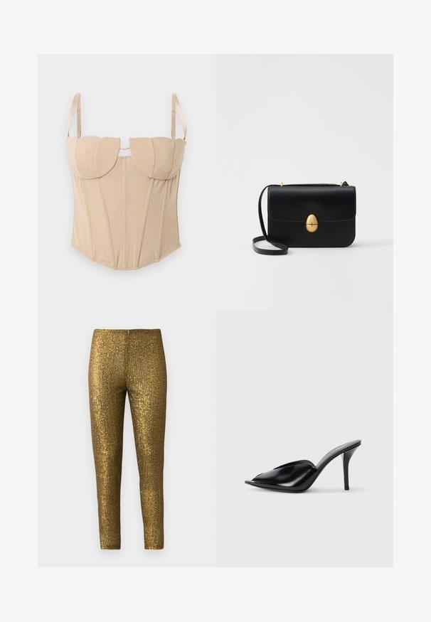 Smėlio spalvos korsetas su struktūrizuotais puodeliais, reguliuojamomis petnešomis ir vertikaliomis siūlėmis. Lygios audinio tekstūros su prigludusia siluetu.; Auksinės metalinės legging kelnes su tekstūruotu vertikaliu juostelių raštu. Audinys turi blizgų paviršių ir siaurą, prigludusią siluetą.; Juodos odinės aukštakulnės mules su atvira pirštine, smailiu dizainu, lygiu paviršiumi ir plonu stiletto kulnu.; Juodas odinis rankinukas su struktūrine stačiakampio forma. Yra auksinė ovali sagtis ir plona petneša. Glotni tekstūra.