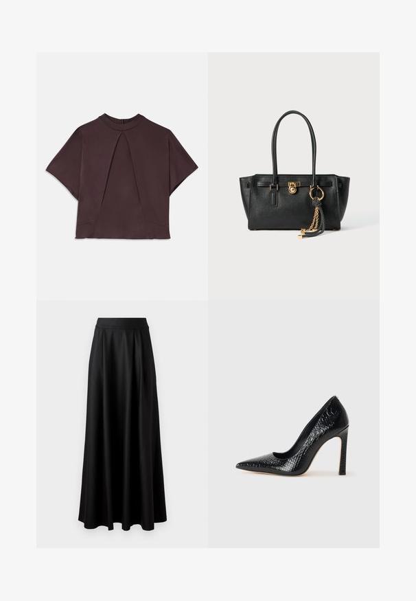 Dark brown short-sleeve top with a high neckline, featuring a front pleat and subtle side seams, made from a smooth, textured fabric.; Black, floor-length skirt with a smooth texture, wide waistband, and pleated design, featuring no visible patterns or embellishments.; Black pointed-toe high heel shoe with a crocodile-skin texture, featuring a sleek design, high stiletto heel, and smooth black interior.; Black leather handbag with double handles, gold lock and chain detail, and black-and-white tassel accessory against white background.
