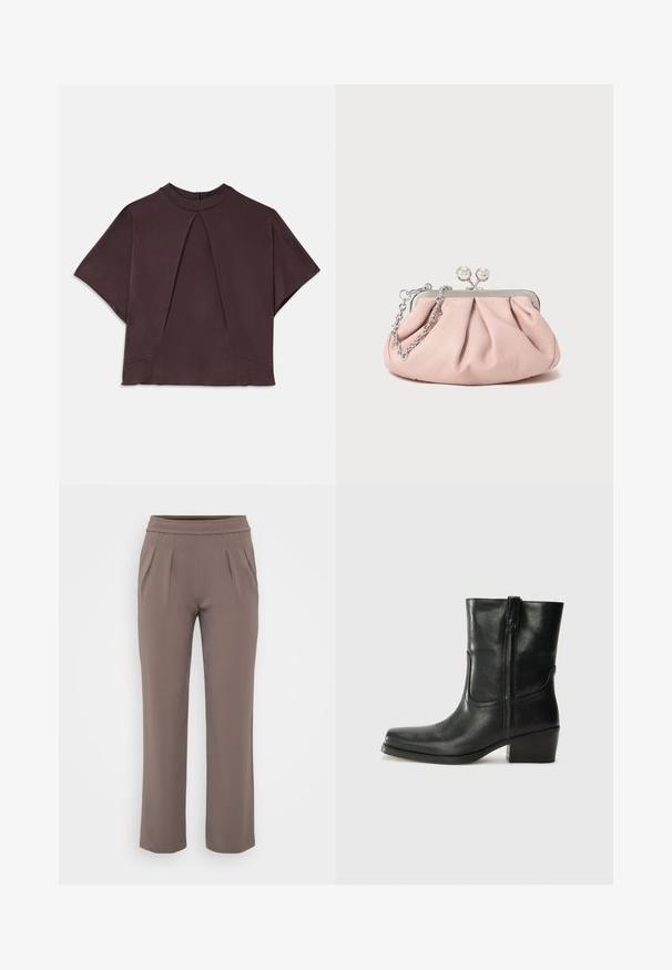 Tamno smeđa majica kratkih rukava s visokim ovratnikom, s prednjim nabranjem i suptilnim bočnim šavovima, izrađena od glatkog, teksturiranog materijala.; Taupe hlače širokog kroja s elastičnim pojasom i prednjim naborima, izrađene od glatkog materijala.; Crne kožne čizme do članaka s okruglim vrhom, blok potpeticom, bočnim patentnim zatvaračem i detaljima od šavova na gornjem dijelu. Glatka tekstura, klasičan dizajn.; Ružičasta kožna torbica na preklop s naboranim dizajnom, metalnim okvirom, s dva okrugla kopčana i srebrnim lančanim remenom. Glatka tekstura, kompaktni oblik.