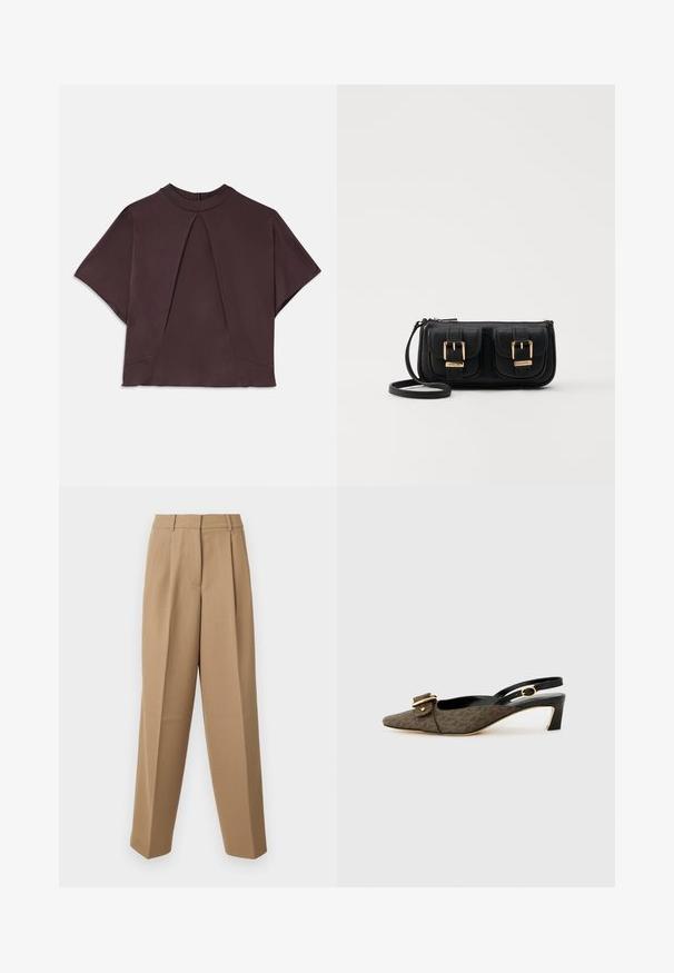 Donkerbruin kortom shirt met een hoge halslijn, featuring een voorplooitje en subtiele zijnaad, gemaakt van een gladde, textuur stof.; Beige op maat gemaakte broek met een hoge taille, geplooide voorkant en wijde pijpen. De stof lijkt glad met een lichte glans.; Slingback hakken met een spitse neus, bruin gemarmerde stof, details van een gouden gesp, een zwarte leren band en een korte blokhak.; Zwarte leren schoudertas met twee vo pockets, gouden gespen, ritsluiting en een smalle band. Tekstuur oppervlak en compacte rechthoekige vorm.