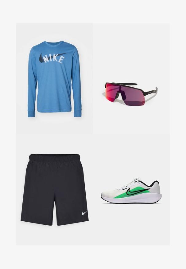 Nike Performance TEE - Langarmshirt - aegean storm; Schwarze sportliche Shorts aus leichtem Material mit einem elastischen Bund. Auf der unteren linken Seite befindet sich ein kleines weißes Nike-Logo.; Weißer Sportschuh mit grünem Akzent, schwarzem Logo, oberer Schicht aus Netzmaterial, gepolsterter Sohle und abgerundetem Absatz. Verfügt über Schnürsenkel und kontrastierende Details.; Schwarze Sportsonnenbrille mit pink-violetten Verlaufslinsen und sleek geometrischem Design. Verfügt über ein verstellbares Nasenstück und ein Logo-Detail am Bügel.