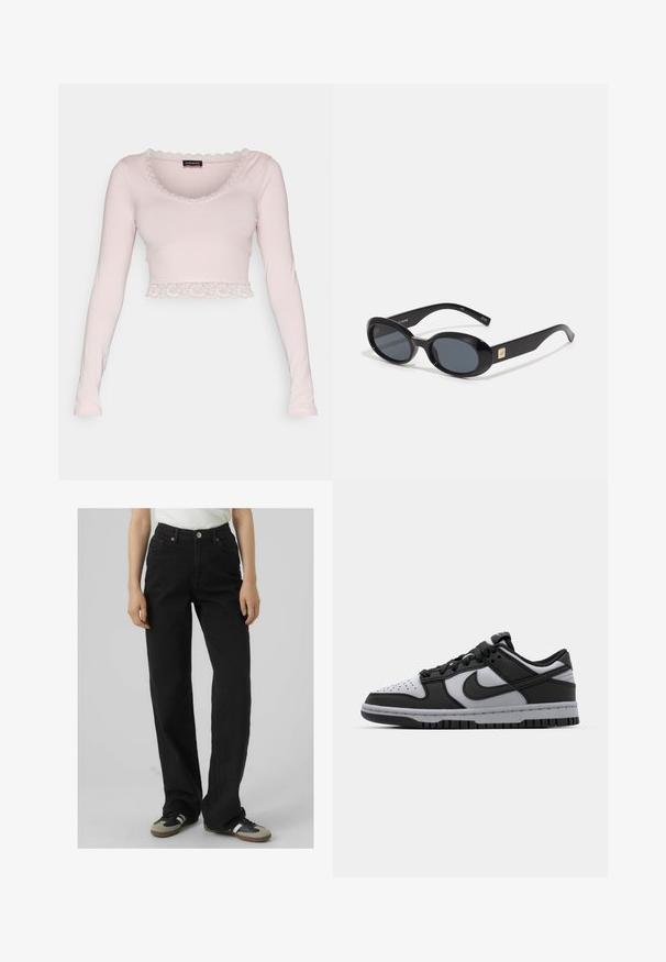 Ilgi piedurknē, īss tops maigā rozā kokvilnā. Tam ir viļņota mežģīņu apdare pie apkakles un apakšmalas, piešķirot delikātu tekstūru.; Melni augstās jostas vietas džinsi ar taisnu kāju fasonu, izgatavoti no denim materiāla, ar divām priekšējām kabatām un misiņa aksesuāriem.; Melni un pelēki Nike Dunk zemas kedas ar perforētu pirkstu daļu, gludu ādas akcentu un gumijas zolīti ar teksturētu rakstu.; Melni ovālas saulesbrilles ar tumšiem stikliem, spīdīga plastmasas apmale, platām kājām un nelielu zelta akcentu vienā pusē.