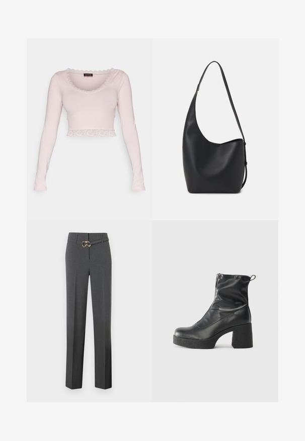 Ilgi piedurknē, īss tops maigā rozā kokvilnā. Tam ir viļņota mežģīņu apdare pie apkakles un apakšmalas, piešķirot delikātu tekstūru.; Tumši pelēki piegriezti sieviešu bikses ar taisnām kājām un plānu atbilstošu jostu ar zelta toni sprādzi.; Melni potītes zābaki, kas izgatavoti no gludas ādas, ar sānu rāvējslēdzēju, masīvu strukturētu papēdi un noapaļotu purngalu.; Melnas ādas hobo soma ar gludu tekstūru, izliekta forma un vienu regulējamu jostu; augšā ir plaša atvere.