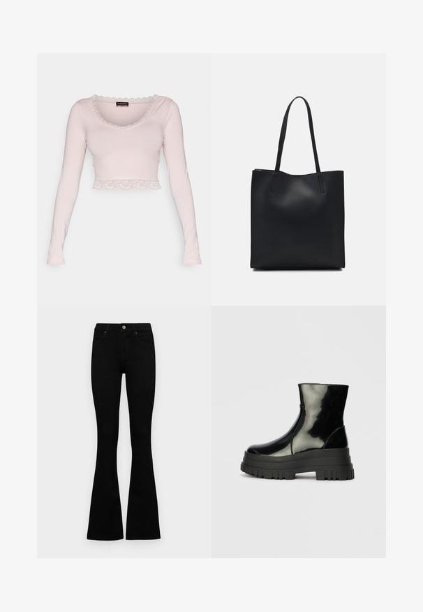 Pikad varrukad, lühikese lõikega pehme roosa puuvillane topp. Omab lainelise pitsäärise-detaili kaeluses ja ääres, pakkudes delikaatset tekstuuri.; Mustad kõrge vöökohtadega teksad, millel on nööp ja lukuga sulgemine, esikäe taskud ja laienevad sääred, asetatud tasasele valgele taustale.; Must mustakate läikiv ankle boot paksu lõkkeka üle ja ümarate varvastega, külgvaates halli ühtlase taustal.; Mustast nahast kott sujuva tekstuuriga, ristkülikukujuline ja kahe pika sangaga. Pole nähtavat riistvara ega kaunistusi.