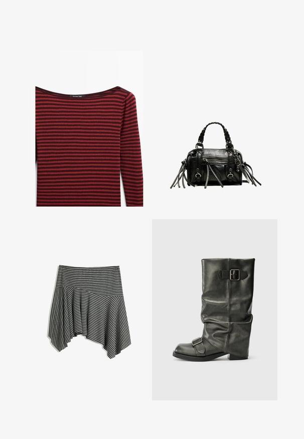 Rood en donker bordeaux gestreept langslijf top met een brede, ondiepe halslijn en ribbeltextuur. Etiket leest "Massimo Dutti."; Grijs gestreepte rok met een asymmetrische zoom. Gemaakt van zachte stof, met een fitted tailleband en een vloeiende drape.; Zwarte faux leren enkellaars met een slordige schacht, een chunky hak en twee metalen gespen aan de zijkant voor detail.; Zwarte leren handtas met gevlochten handvatten, textuur op het oppervlak, ritsvak aan de voorkant en decoratieve franjes. Compacte en gestructureerde vorm.