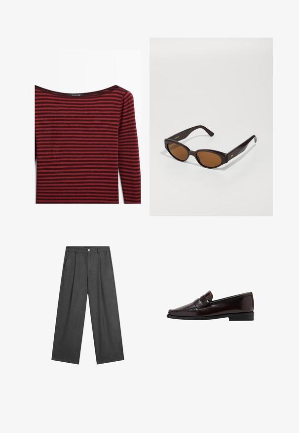 Rood en donker bordeaux gestreept langslijf top met een brede, ondiepe halslijn en ribbeltextuur. Etiket leest "Massimo Dutti."; Donkergrijze, ruime broek met subtiele streepjes, plooien aan de voorkant en een enkele knoopsluiting bij de taille.; Bruine leren instapper met een moccasin-stijl voorkant, verhoogde stiksels langs de voet en een lage zwarte rubberen zool. Glad, gepolijst oppervlak.; Faux cat-eye zonnebril met donkerbruine kunststof monturen en bruine glazen. Bevat gouden logo-details op de arm en een gladde, glanzende textuur.; Zwarte leren schoudertas met een gebogen vorm, gladde textuur en een lange verstelbare strap. Bevat een subtiele knoopdetail en heeft een minimalistisch ontwerp.