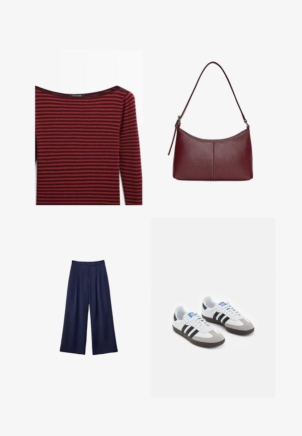 Maglietta a maniche lunghe a righe rosso e bordeaux scuro con un ampio scollo poco profondo e una texture a costine. L'etichetta riporta "Massimo Dutti."; Pantaloni a gamba larga blu navy con pieghe, vita con bottoni e passanti per cintura, mostrati distesi su uno sfondo bianco.; Scarpe sportive con tomaia in pelle bianca, punta in suede grigia e tre strisce nere. Presentano un logo blu sulla linguetta e una suola in gomma testurizzata.; Borsa a tracolla in pelle bordeaux con forma curvata, una sola tracolla e dettagli cuciti al centro. Texture liscia, hardware minimale.