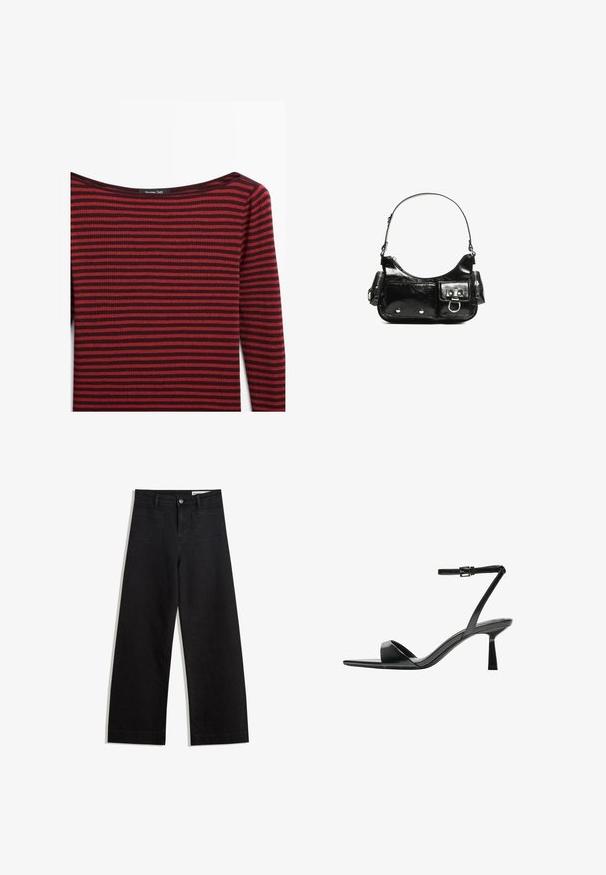 Rød og mørk burgunderrød stribet langærmet top med en bred, lav udskæring og ribbet tekstur. Etiketten siger "Massimo Dutti."; Sorte wide-leg denim bukser med høj talje, der har front- og baglommer, syede sømme og en knaplukning. Glat tekstur.; Bershka Højhælede sandaletter / Højhælede sandaler - black; Sort patenteret læder håndtaske med en buet form, en skulderrem, frontlommer og hardware accenter i sølvfarve.