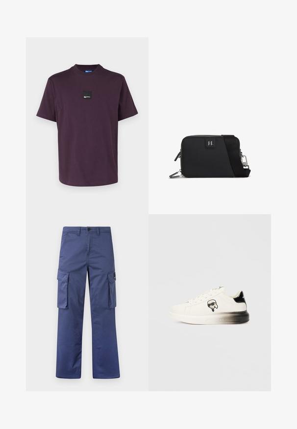 Karl Lagerfeld Jeans CURVED HEM - Jednoduché tričko - plum perfect; Námořnické cargo kalhoty vyrobené z odolné tkaniny, se bočními kapsami, rovnými nohavicemi a zapínáním na knoflík v pase.; Bílé tenisky s hladkým koženým svrškem, černé akcenty na patě a kresleným logem. Mají silnou, mírně průhlednou podrážku.; Černá obdélníková taška vyrobená z texturovaného materiálu, s uzávěrem na zip, nastavitelým popruhem a logem na přední straně.