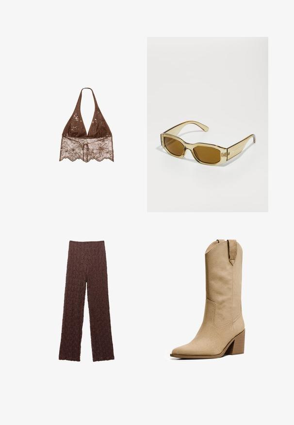 Stradivarius HALTER WITH EMBROIDERY  - Bluza - dark brown; Rjave hrapave hlače z gubasto površino, širokimi nogami in elastičnim pasom. Tkanina se zdi mehka in rahlo raztegljiva.; Bershka HIGH-HEEL - Škornji v kavbojskem/motorističnem slogu - beige; Transparentne jantarne sončna očala s pravokotnimi lečami, širokimi ročaji in sijajem, ki imajo subtilen logotip na strani.; Zlata torbica s sequini pravokotne oblike, gladke teksture in tanjšim trakom. Sequini ustvarjajo odsevno površino, kar izboljšuje njen videz.