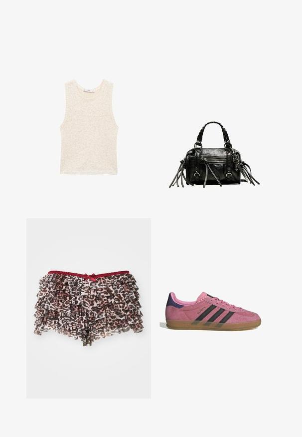 Knit sleeveless top in off-white, featuring a textured finish. Round neckline and straight-cut hem. Subtle speckled detailing throughout.; Floral leopard-print shorts with layered ruffles, featuring a red lace waistband and a small bow accent in front.; Pink suede sneaker with black stripes, gum sole, and textured purple heel. Features a lace-up design and embossed branding on the side.; Black leather handbag with braided handles, textured surface, zippered front pocket, and decorative fringe accents. Compact and structured shape.