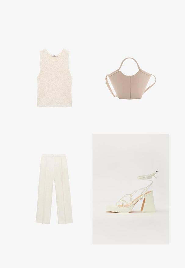 Knit sleeveless top in off-white, featuring a textured finish. Round neckline and straight-cut hem. Subtle speckled detailing throughout.; Wide-legged trousers in a light cream color. Made from a smooth fabric with pleats at the front and side pockets.; White high-heeled sandal with a chunky heel, featuring a strappy design and ankle tie. Smooth texture with a platform front for added height.; Beige leather handbag with a unique shape, featuring two short handles and a long adjustable strap. Smooth texture with minimal hardware.