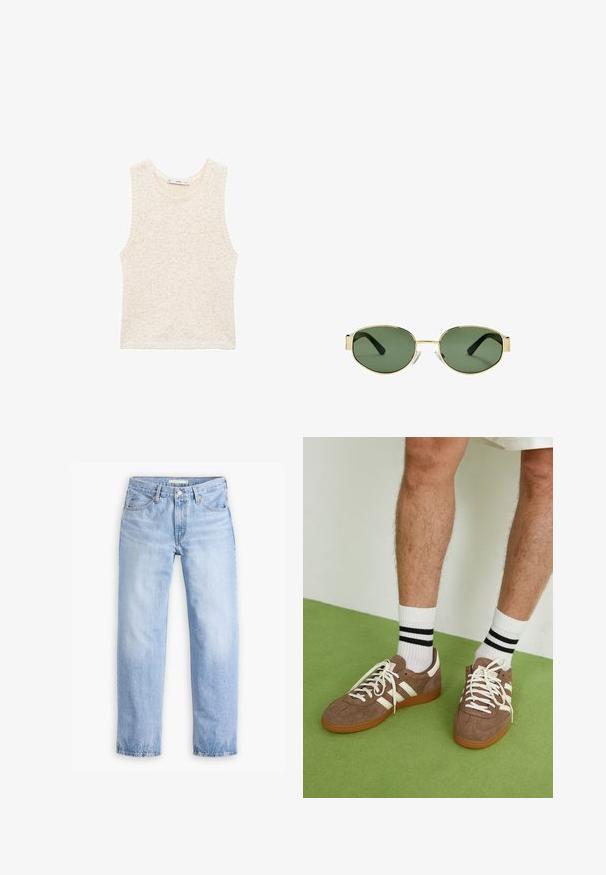 Pletene brezrokavnik v svetlo bež barvi, z teksturiranim zaključkom. Okrogla izreza in ravno obrobljen rob. Natančne pikčaste podrobnosti po celotni površini.; Svijetloplave traperice s ravnim nogavicama, pet džepova i srednjim strukom. Imaju istrošen izgled i šivani rub.; Rjavi semiš športni čevlji z belimi detajli in vezalkami. Gumijast podplat. Nošeni z belimi nogavicami z črnimi črtami. Zelena teksturirana talna obloga.; Očala z zlatim kovinskim okvirjem, zelenimi lečami, ovalne oblike, črnimi uhani in prozornimi nosnimi blazinicami. Čist, minimalističen dizajn.