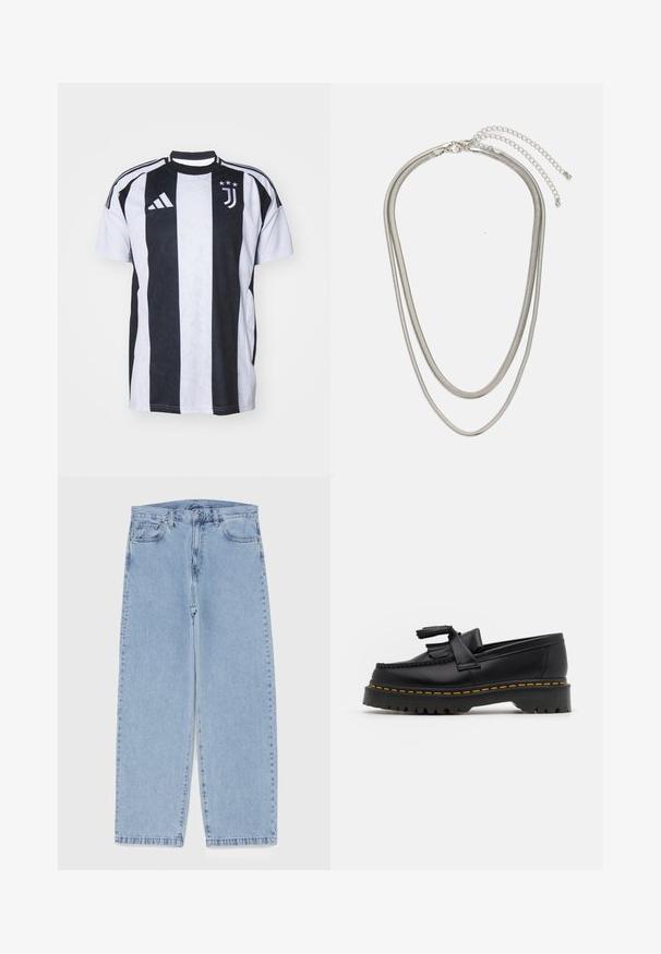 Pamučni sportski majica na crno-bijele pruge s kratkim rukavima, okruglim izrezom i tri pruge na svakom ramenu. Sadrži timski logotip i tri zvjezdice.; Svijetloplave traperice s ravnim nogavicama, sa srednjim strukom, pet džepova i zatvaranjem na dugme i patentni zatvarač.; Crna kožna loaferica s resicama, koja ima čvrst crni potplat i žute šavove duž ruba. Teksturirana završna obrada.; Necklace od tri sloja srebrnog metala s elegantnim, fleksibilnim lančićima blagog sjaja, zatvoren s karabinera i prilagodljivim lančićem.