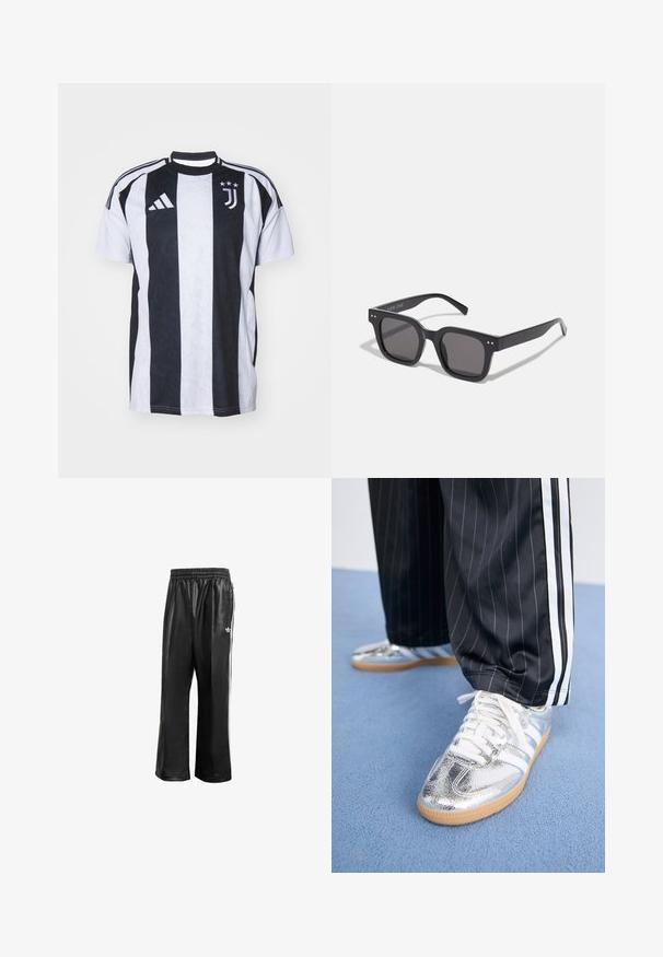 Svart och vit randig idrottströja med korta ärmar, rund halsringning och tre ränder på varje axel. Innehåller lagets logotyp och tre stjärnor.; Svarta syntetiska löparbyxor med elastisk midja, prydda med vita sidosträck och en liten vit logotyp på vänster höft.; Metalliska silver sneakers med vita snören och tre vita ränder, i kombination med svarta randiga byxor. Klibbig sula som accent vid botten.; Svarta rektangulära solglasögon med mörka linser, med en tjock ram, diskreta detaljer på sidorna och inga synliga logotyper förutom varumärket.