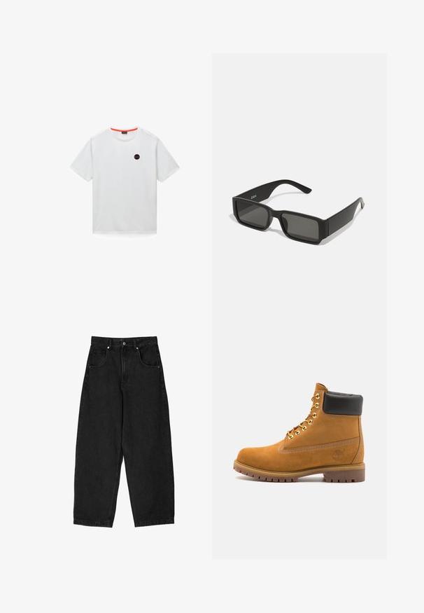 Valkoinen puuvillainen T-paita, jossa on lyhyet hihat, pyöreä pääntie ja musta pyöreä logo, jossa on punaisia yksityiskohtia rinnassa.; Mustat farkut leveällä lahkeella ja korkealla vyötäröllä, joissa on viisi taskua, vetoketjukiinnitys ja metallinen nappikiinnitys. Suora pinta, minimaalinen yksityiskohtaisuus.; Valkoinen nahkainen nilkkuri mustalla pehmustetulla kauluksella, kultaisilla metallisilla rei'illä, valkoisella ompeluksella ja jykevällä kumipohjalla, jossa on selvästi näkyvät urat.; Musta aurinkolasit suorakulmaisine linsseineen, matasta muovista valmistettu kehys ja suorat reunat. Sisähaara on varustettu merkkilogolla.