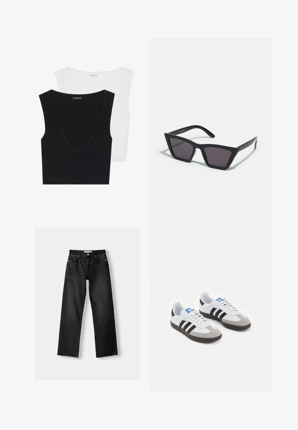 Două bluze fără mâneci, cu dungi, în culorile negru și alb. Ambele au decolteu în V și sunt dintr-un material moale. Eticheta este vizibilă pe bluza neagră.; Bershka Blugi drepți - mottled dark grey; Încălțăminte sport cu un superior din piele albă, vârf din suede gri și trei dungi negre. Prezintă un logo albastru pe limbă și o talpă din cauciuc texturat.; Ochelari de soare negri, unghiulari, cu lentile gri; fabricați din plastic, având brațe groase cu o suprafață netedă și fără hardware vizibil.