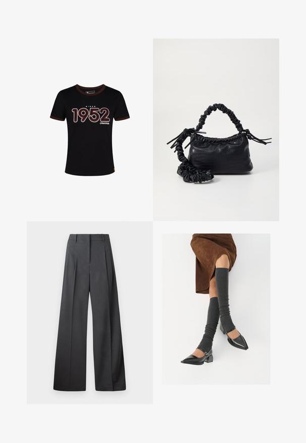 Sort bomulds T-shirt med brun ribbet krave. Viser "SINCE 1952" i hvid og rød tekst. Casual pasform med korte ærmer.; Bredde benbukser i mørkegrå stof, med høj talje, enkelte læg og en glat tekstur med en ren finish ved kanten.; Sorte patenterede lædersko med spids tå, blokhæl og ankelrem, kombineret med grå ribbede benvarmere og en brun ruskinds nederdel.; Sort kunstlæder håndtaske med krokodilteksur, indsnøret top og en sammenkrøben rem. Ser blød og kompakt ud i designet.