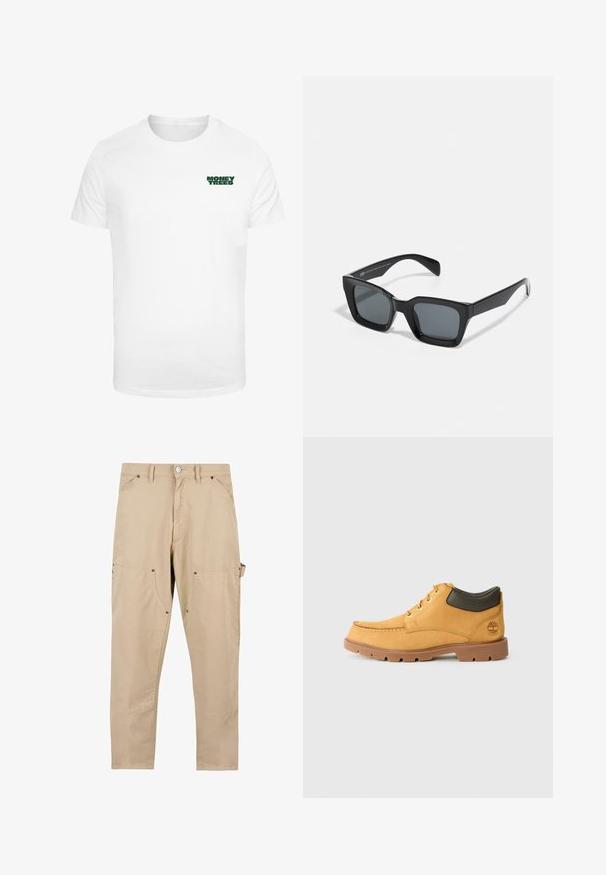 Balta medvilnės marškinėliai trumpomis rankovėmis, su mažo žalio "MONEY TREES" grafiku kairėje krūtinės pusėje. Klasikinis apvalus iškirpimas.; Kreminės spalvos cargo kelnės, pagamintos iš medvilnės. Turi kelias kišenes, tiesų kirpimą ir mygtuko užsegimą su metalinėmis detalėmis.; Geltoni odiniai batai su rudos gumos padu, apvaliu priekiu ir žalia odinėmis kulkšnies detalėmis. Yra auksinės akys ir siuvinėjimo akcentai.; Juodos stačiakampės saulės akiniai su tamsiais lęšiais. Plastikinis rėmas su blizgiu paviršiumi, turintis plačią tiltelio dalį ir šiek tiek siaurėjančius šonus.