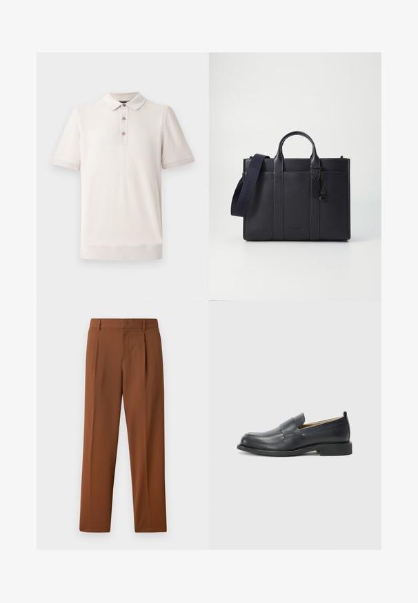 Lyhythihainen polo-paita vaaleanbeige värissä, teksturoidusta materiaalista, jossa on kaulus ja kolme napin rei'itä; resoriyksityiskohtia hihoissa ja helmassa.; Ruskeat housut, joissa on sileä, mattapintainen rakenne, kanttin kärkki ja suorat lahkeet. Valmistettu kevyestä ja hengittävästä kankaasta.; Musta nahkakengät, joissa on sileä pinta, litteä pohja ja pyöristetty varvas, sekä koristeellinen nauha päälliosassa.; Tummansininen nahkainen salkku, jossa on kaksinkertaiset yläkahvat ja irrotettava hihna. Varustettu tekstuuripinnalla, pystysuoralla ompeleella ja logotiedoilla.